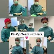 Collage mit dem OP-Team der Westfalenklinik in OP-Kleidung mit Haube und Mundschutz, Titel „Ein Op-Team mit Herz“
